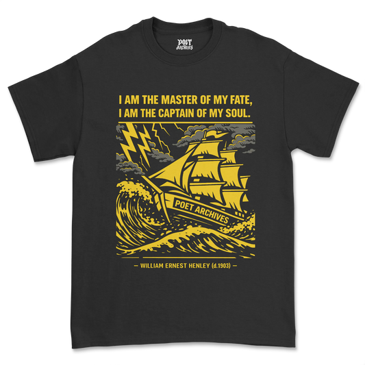 Black t-shirt with yellow ship graphic and text on a white background