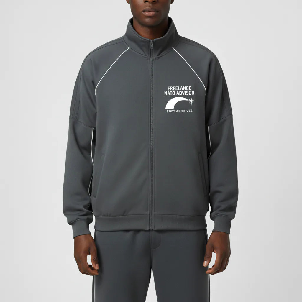 Gray tracksuit with a logo on the chest against a white background