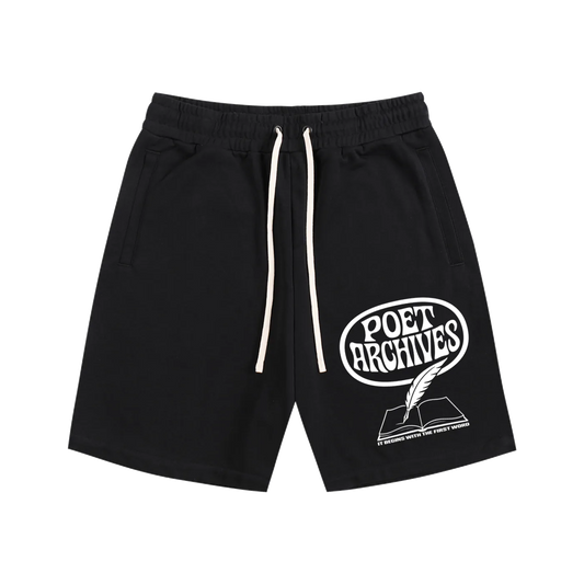 Poet Archives essential black cotton shorts. Minimal durable streetwear design with skater, punk, and goth influence.