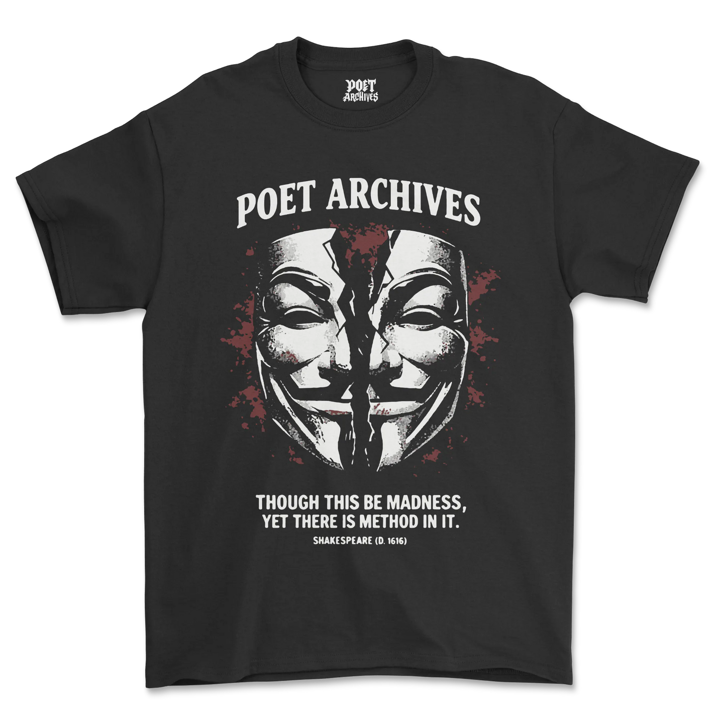 Black t-shirt with a graphic design and text on a white background