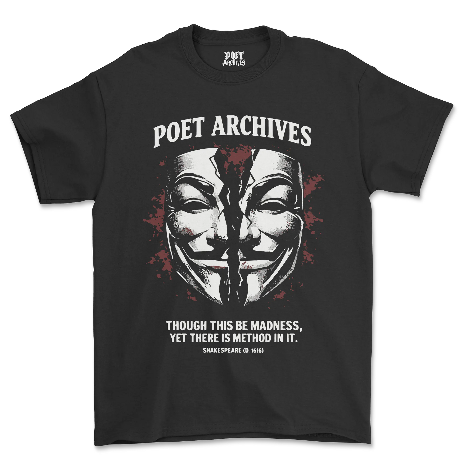 Black t-shirt with a graphic design and text on a white background