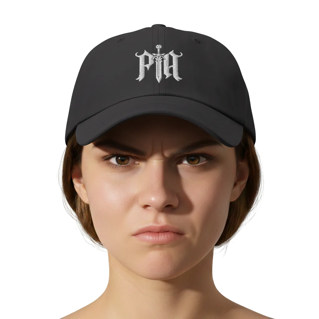 Black cap with a logo worn by a person on a white background