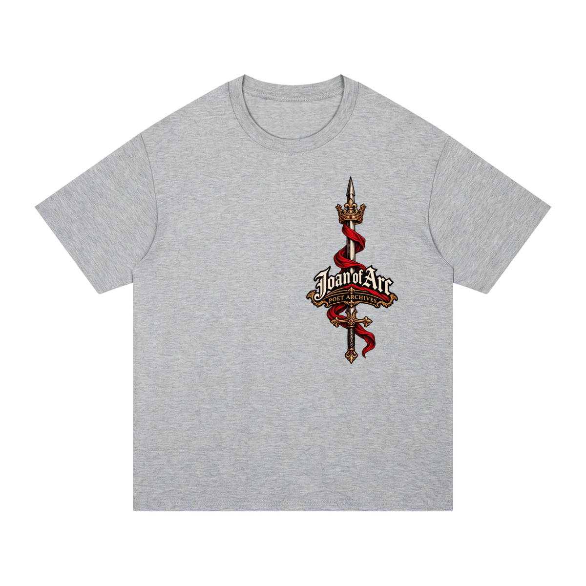A heather gray short-sleeve t-shirt with a central graphic of a golden spear topped with a crown, wrapped in a red ribbon, and featuring the text 'Joan of Arc' in a decorative font.