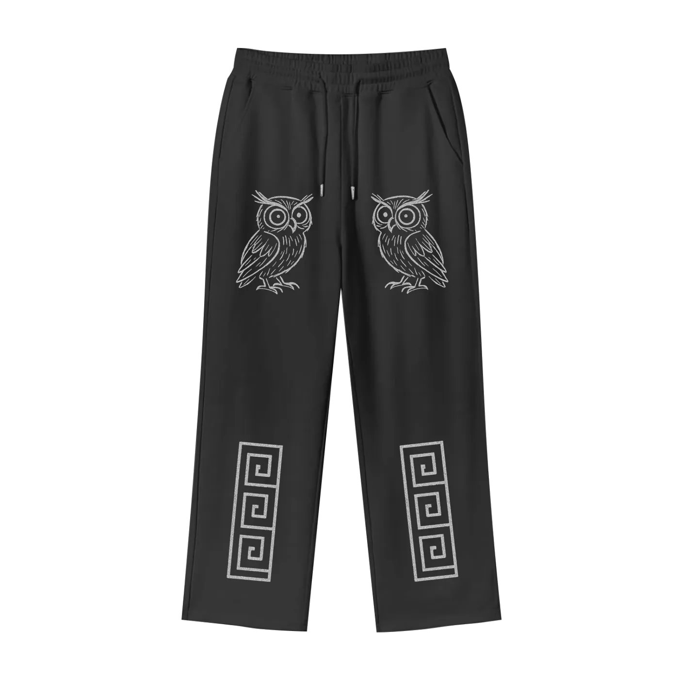 Black pants with owl and geometric designs on a white background
