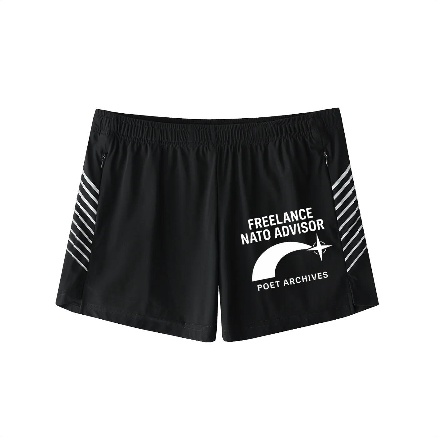 Black shorts with white text and logo on a white background