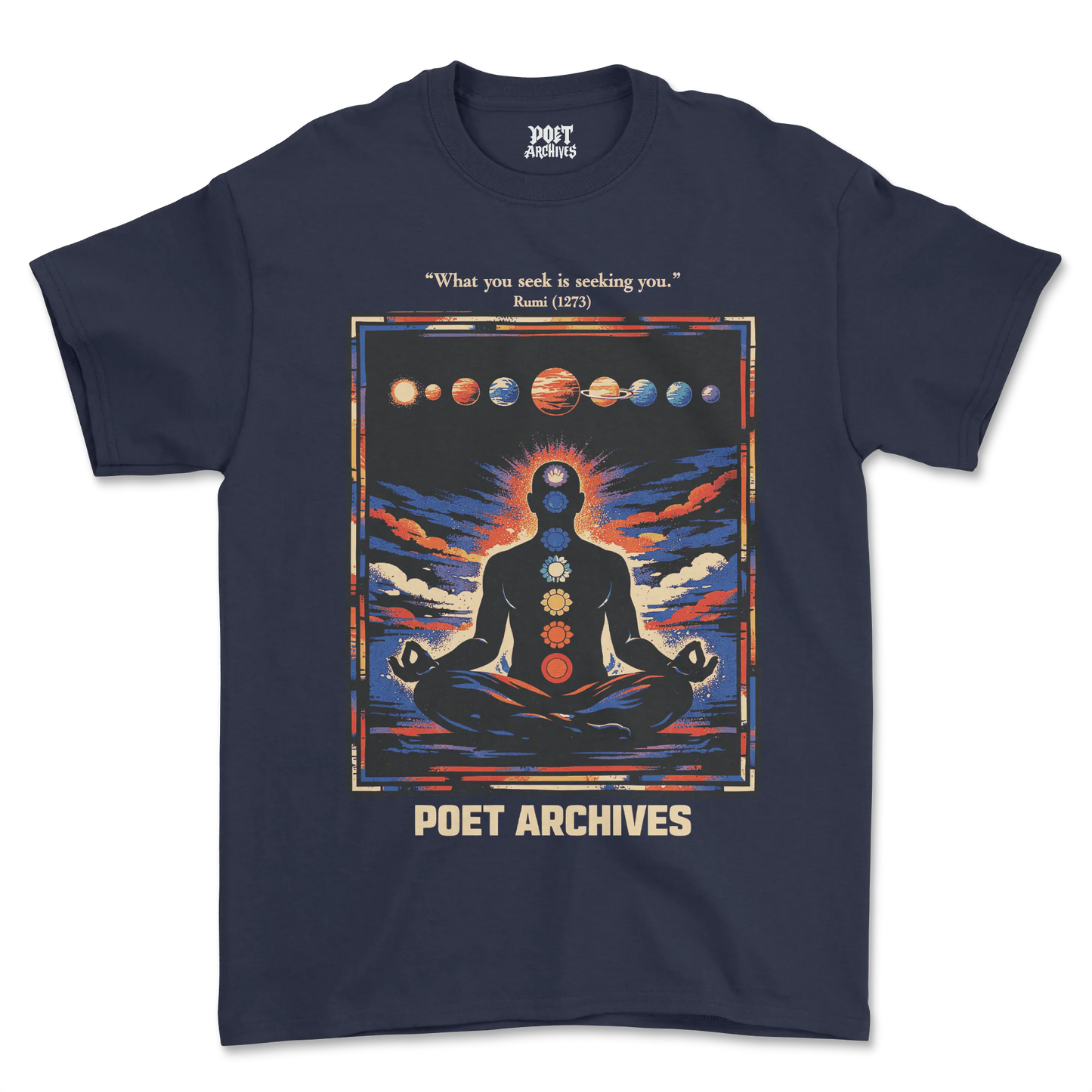 Navy blue t-shirt with a meditating figure and solar system design, featuring 'Poet Archives' branding.
