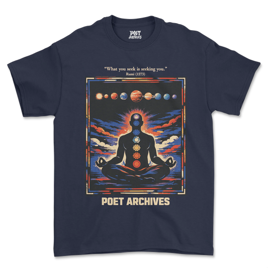 Navy blue t-shirt with a meditating figure and solar system design, featuring 'Poet Archives' branding.
