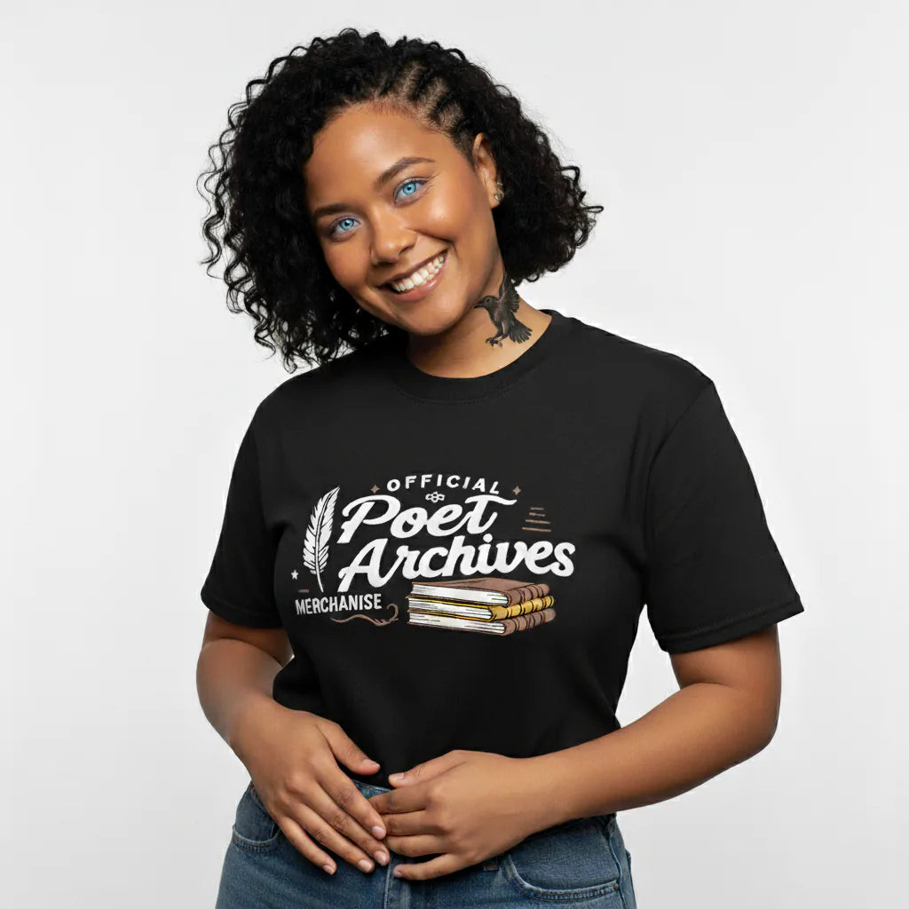 Person wearing a black t-shirt with 'Official Poet Archives Merchandise' text and design.