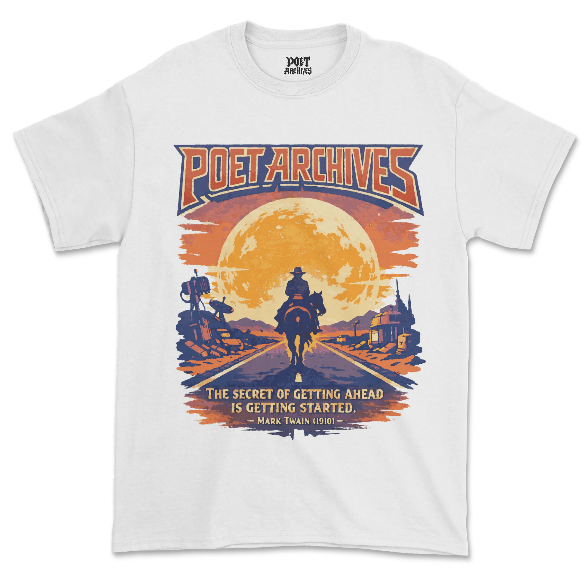White t-shirt with 'Poet Archives' graphic design featuring a cowboy and sunset.