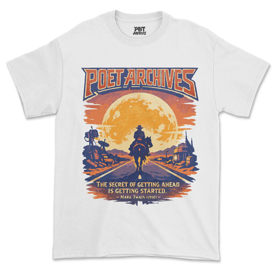 White t-shirt with 'Poet Archives' graphic design featuring a cowboy and sunset.