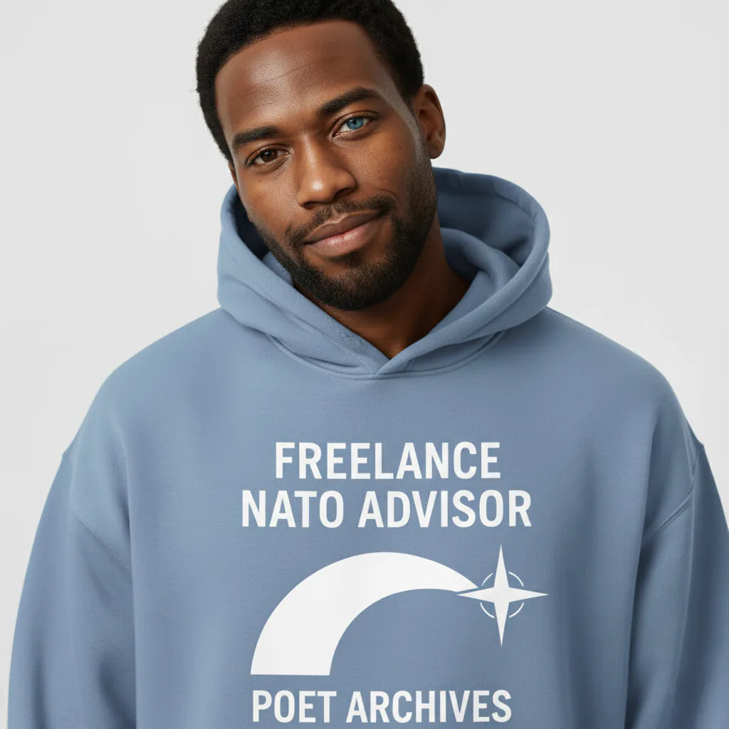 Man wearing a blue hoodie with 'Freelance NATO Advisor' text and logo.