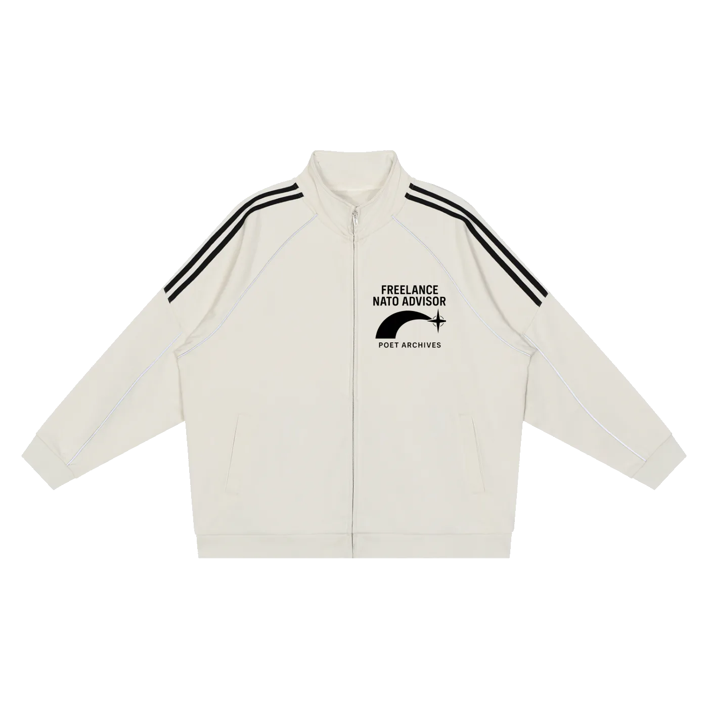 White jacket with black stripes on sleeves and a logo on a white background