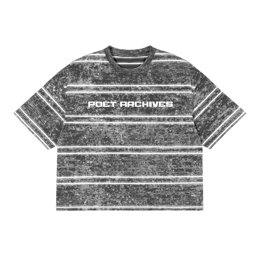 Black and white striped t-shirt with 'POET ARCHIVES' text on a white background