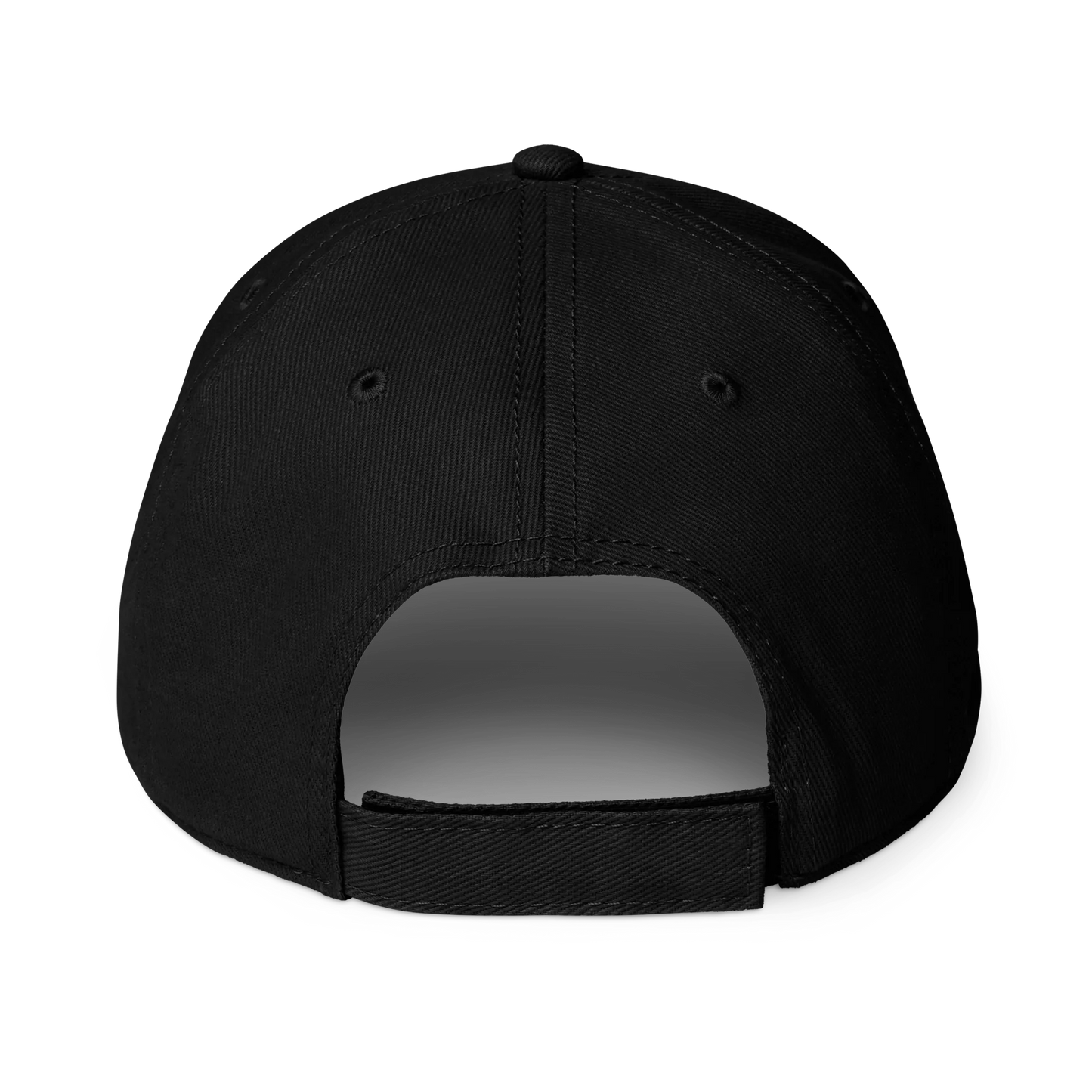 Black baseball cap shown from the back, featuring a curved snapback strap and ventilation eyelets, isolated on a white background.