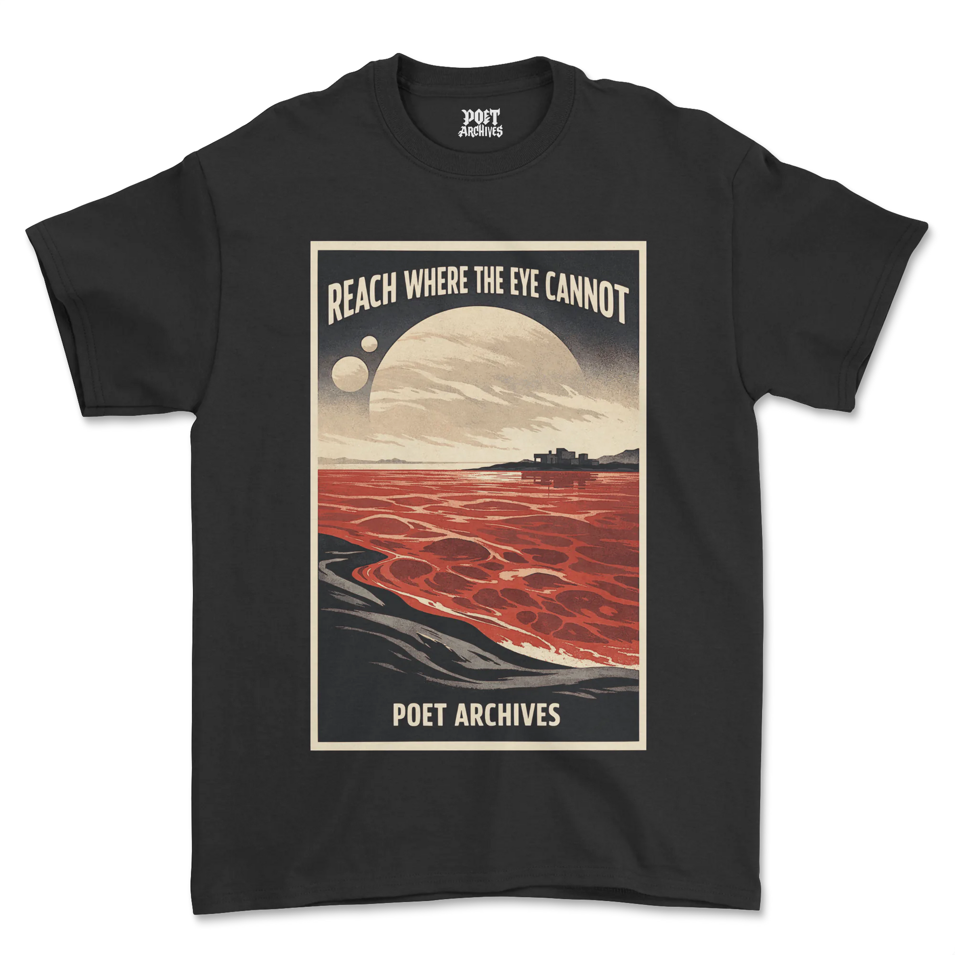 Black t-shirt with a graphic design featuring a desert landscape and text on a white background
