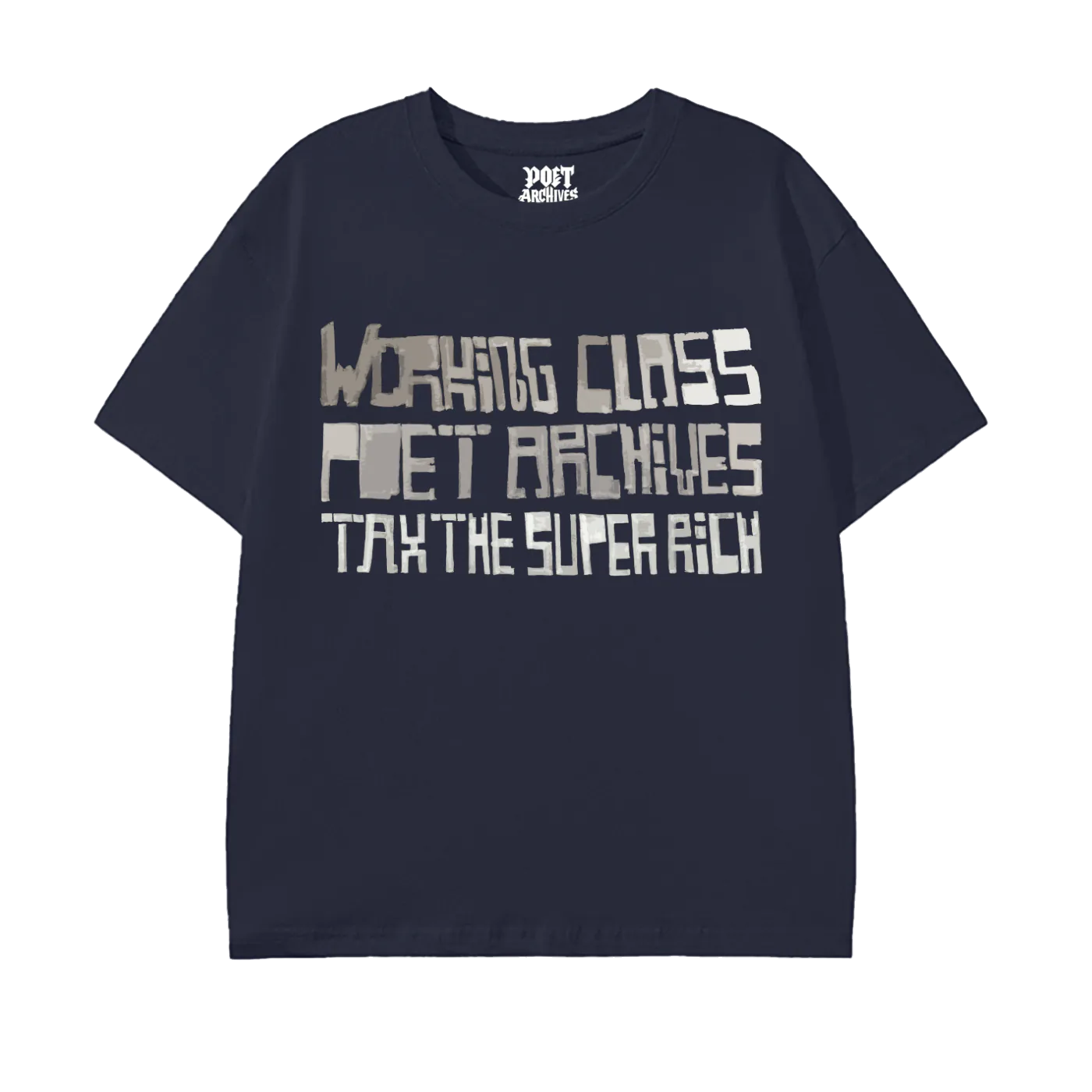 Navy blue t-shirt with white text on a white background
