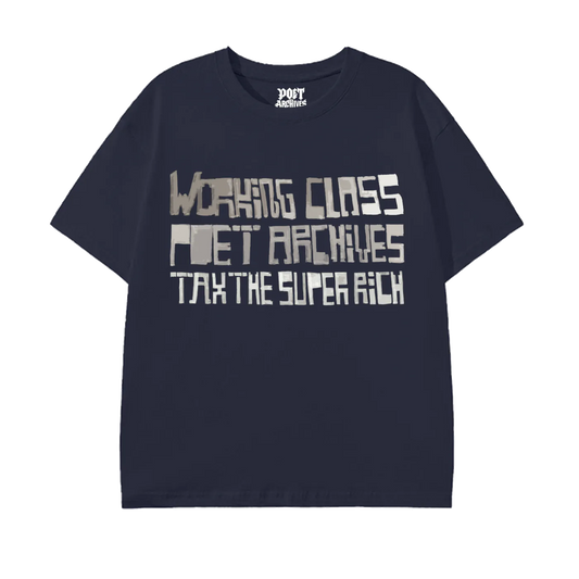 Navy blue t-shirt with white text on a white background