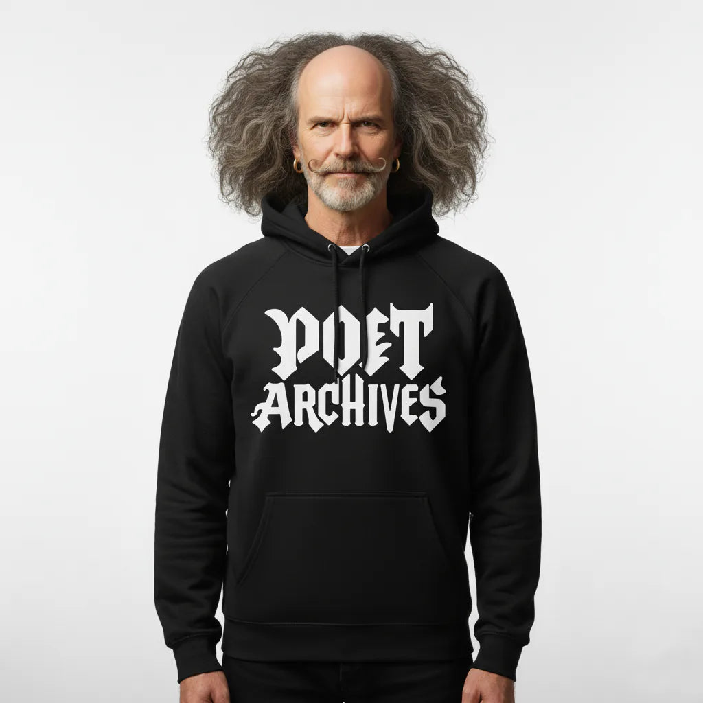 Man wearing a black hoodie with 'PIDET ARCHIVES' text on a white background