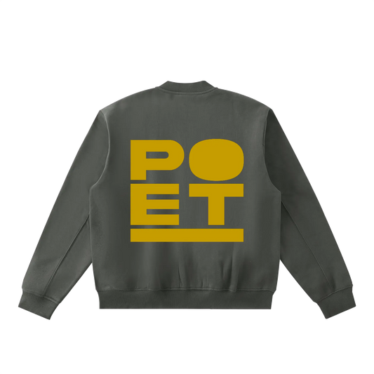 Gray sweatshirt with 'POET' printed in yellow on the back against a white background
