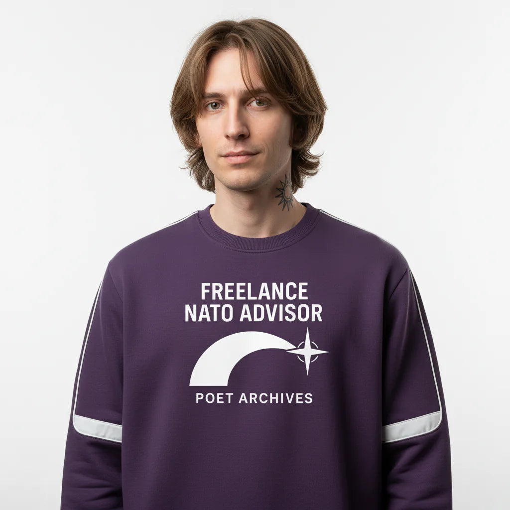 Person wearing a purple sweatshirt with text and logo on a white background