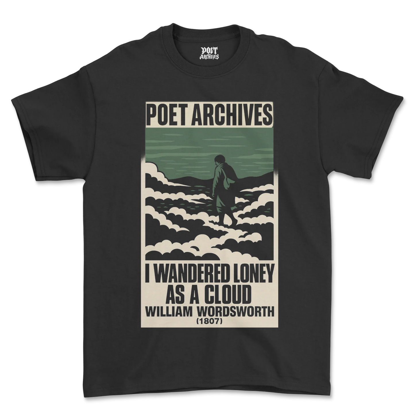 Black t-shirt with 'Poet Archives' design featuring a person walking on clouds and William Wordsworth quote.