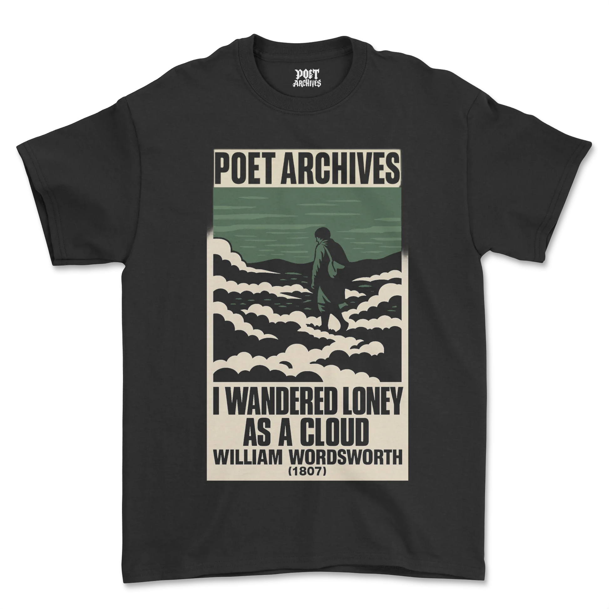 Black t-shirt with 'Poet Archives' design featuring a person walking on clouds and William Wordsworth quote.