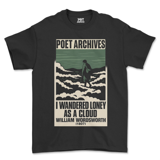 Black t-shirt with 'Poet Archives' design featuring a person walking on clouds and William Wordsworth quote.