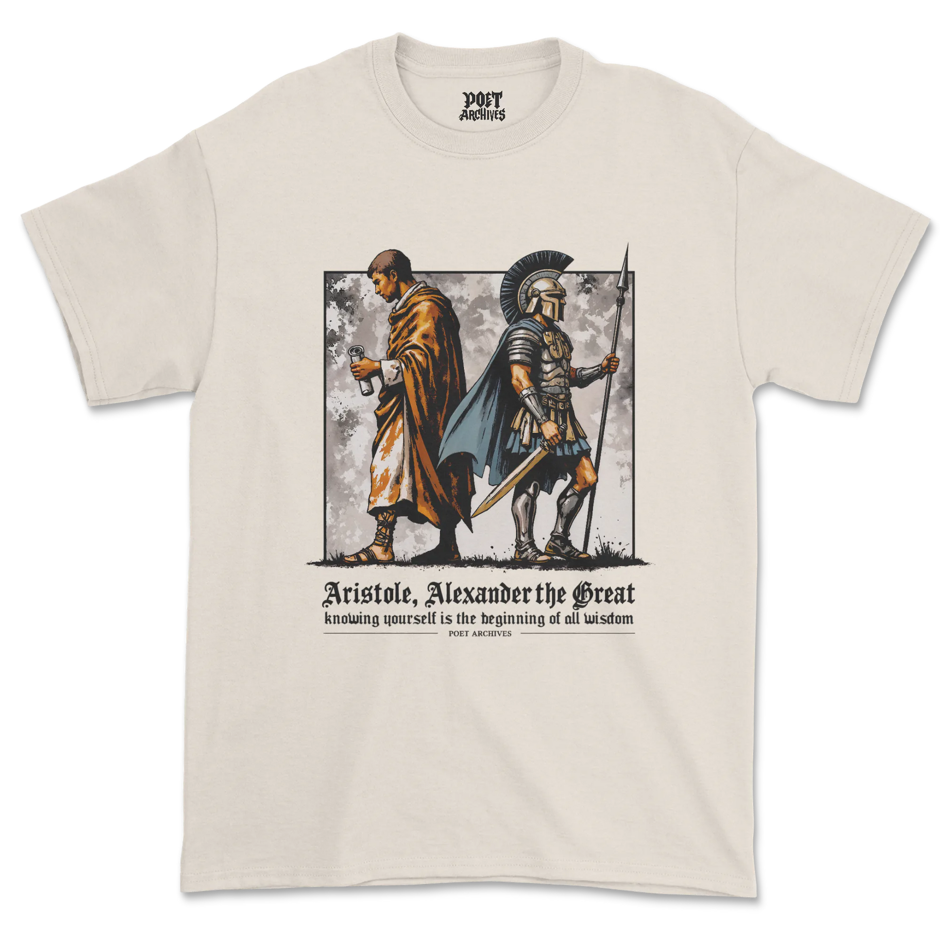 T-shirt with graphic of Aristotle and Alexander the Great on a beige background