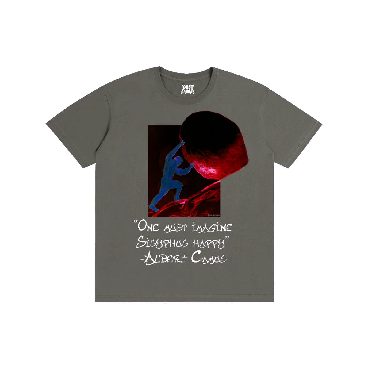 A dark gray crewneck t-shirt featuring a graphic print of a figure in blue climbing a rock with red highlights, accompanied by a white quote from Albert Camus on the front.