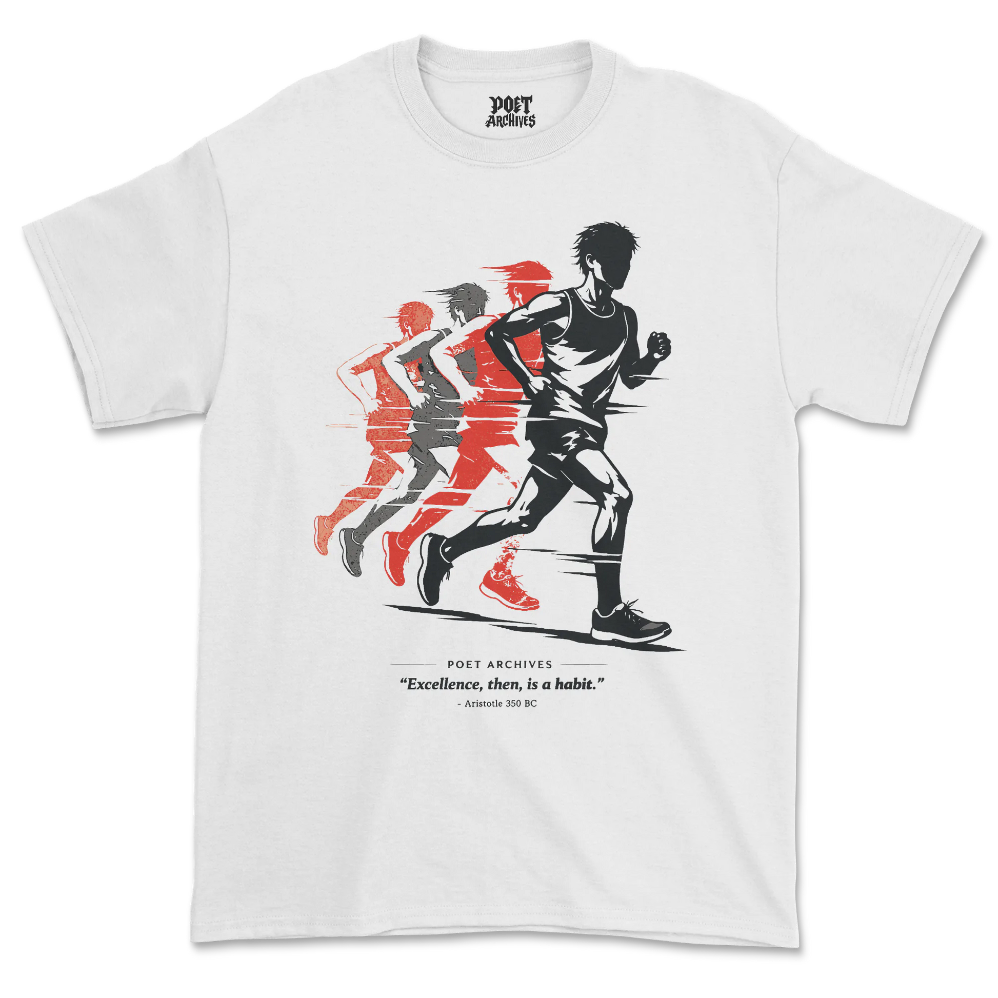 White t-shirt with graphic of runners and text on a white background