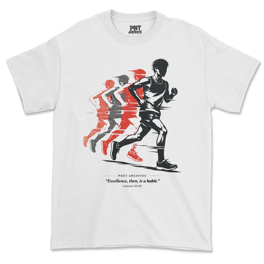 White t-shirt with graphic of runners and text on a white background