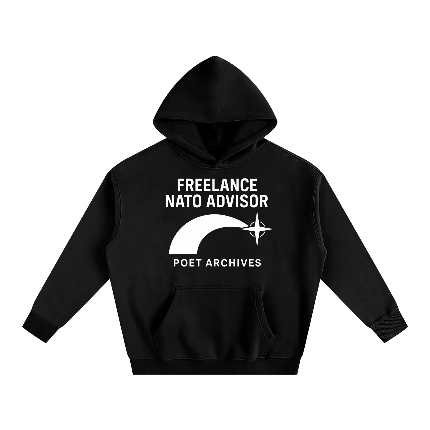 Black hoodie with 'Freelance NATO Advisor' text and logo on a white background