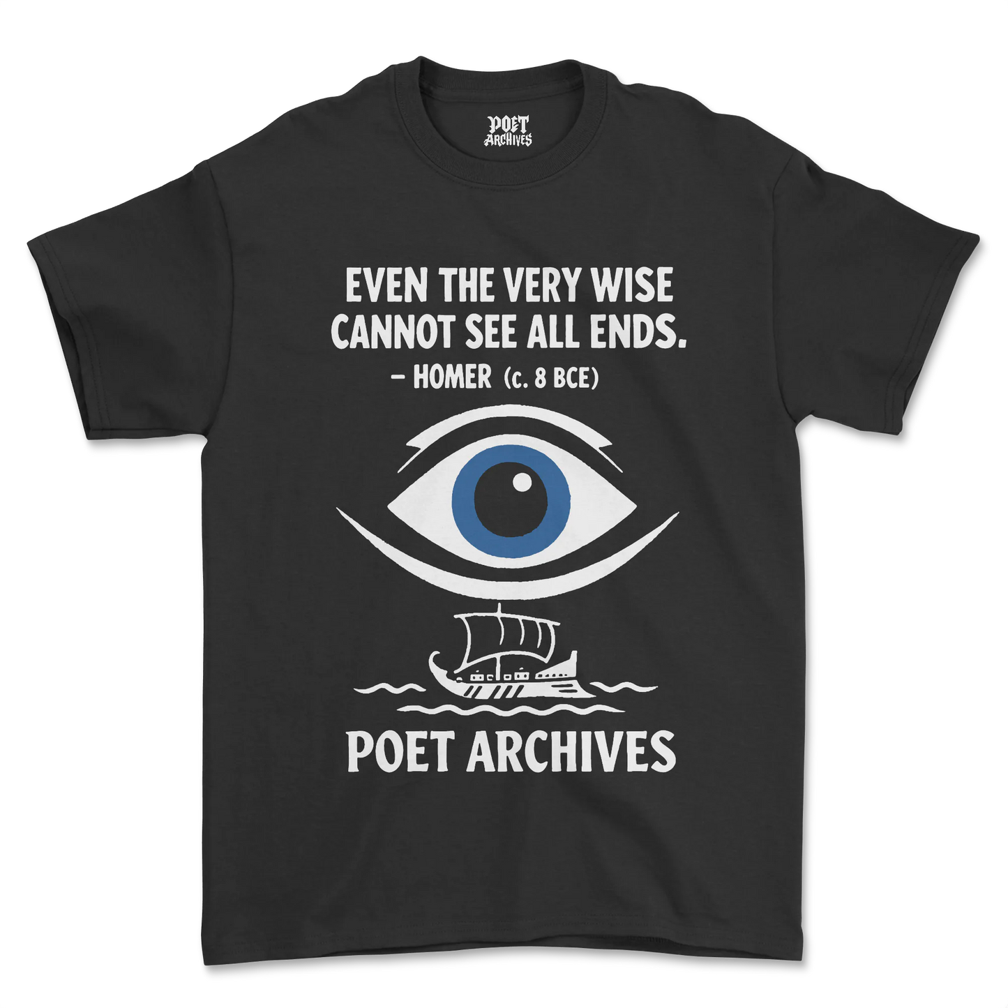 Black t-shirt with eye graphic and text on a white background