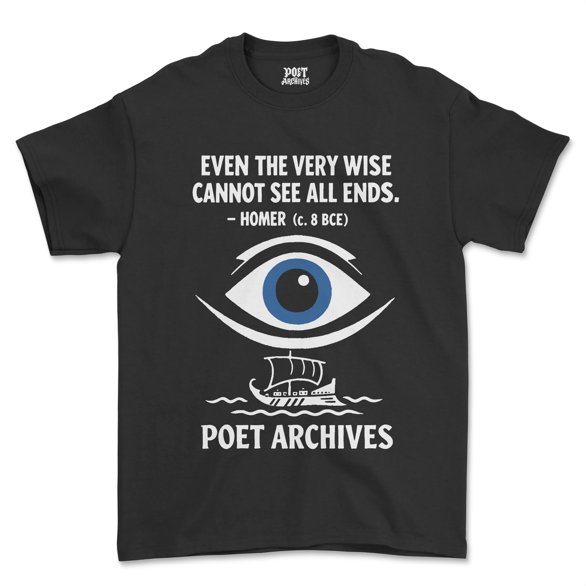 Black t-shirt with eye graphic and text on a white background