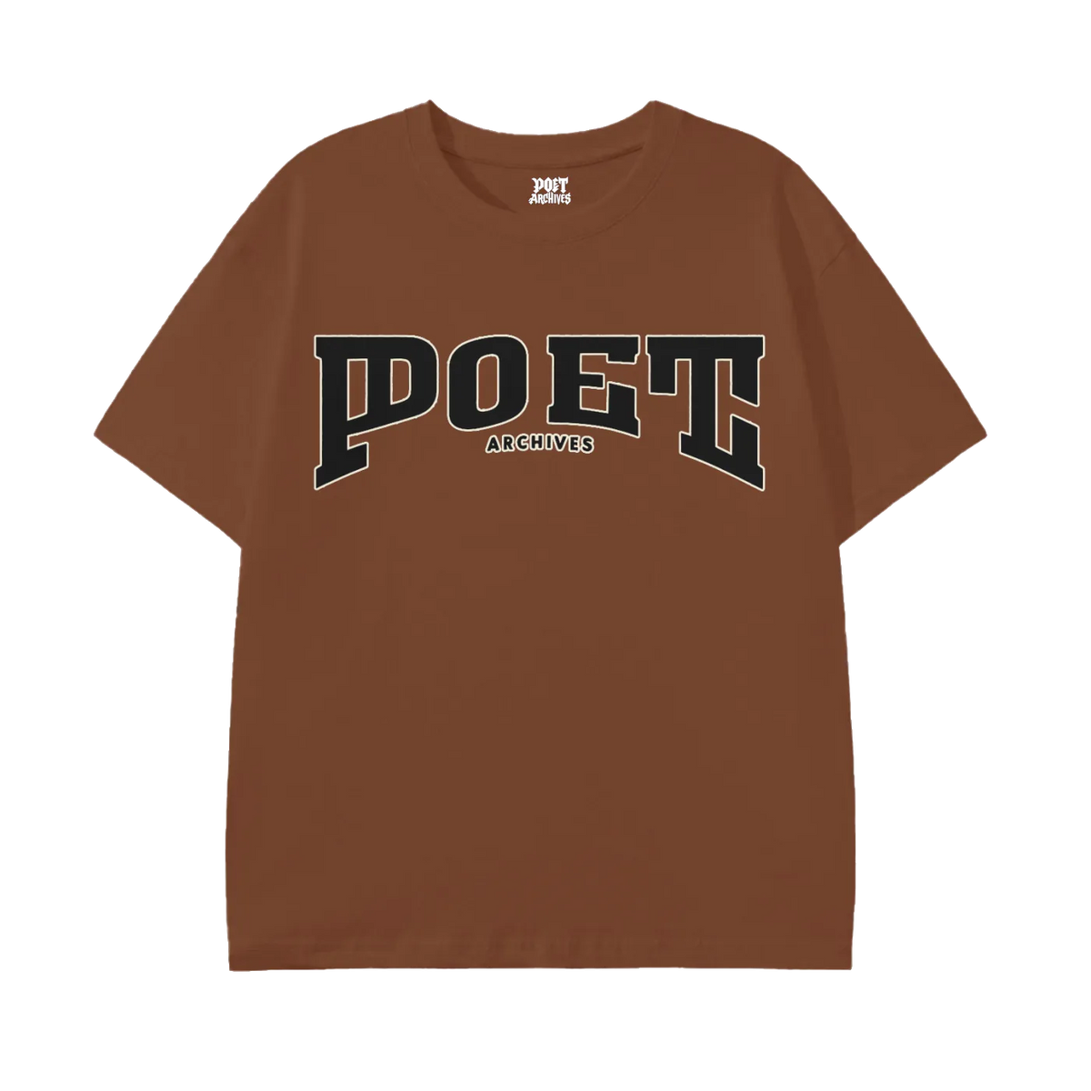 A brown short-sleeve t-shirt with 'POET ARCHIVES' printed across the chest in a stylized collegiate font.