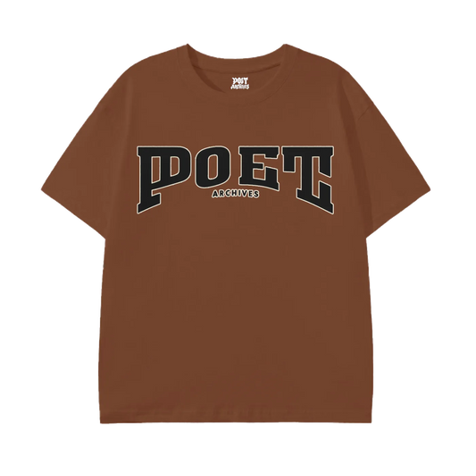 A brown short-sleeve t-shirt with 'POET ARCHIVES' printed across the chest in a stylized collegiate font.