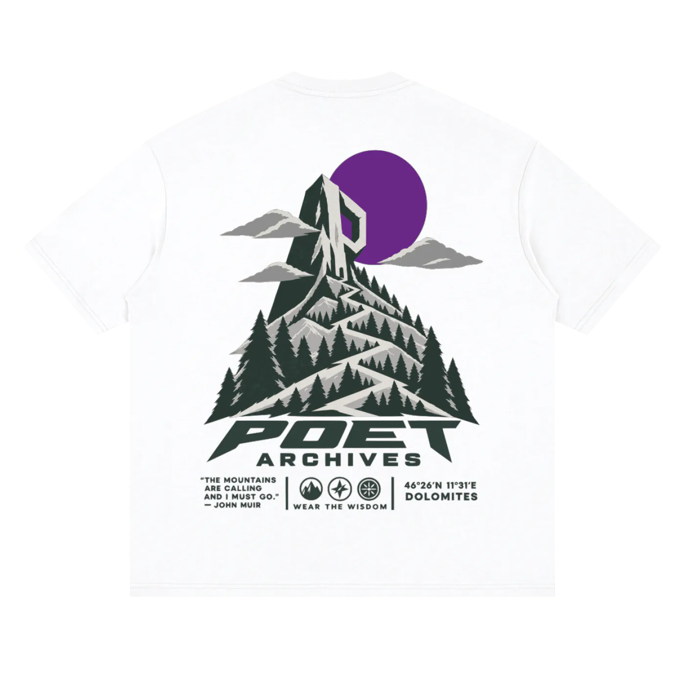 White short-sleeve T-shirt shown flat against a white background, featuring a large back graphic with a mountain, pine trees, a purple sun, and the text 'POET ARCHIVES' plus smaller quote text below.