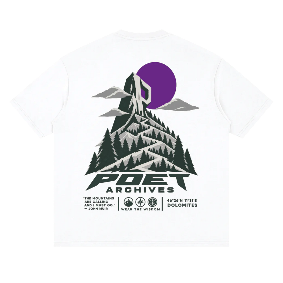 White short-sleeve T-shirt shown flat against a white background, featuring a large back graphic with a mountain, pine trees, a purple sun, and the text 'POET ARCHIVES' plus smaller quote text below.