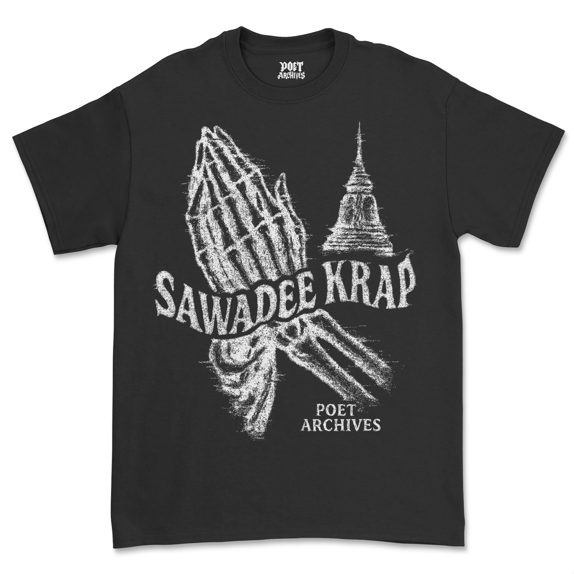 Black t-shirt with white graphic design and text on a white background