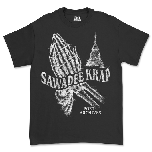 Black t-shirt with white graphic design and text on a white background