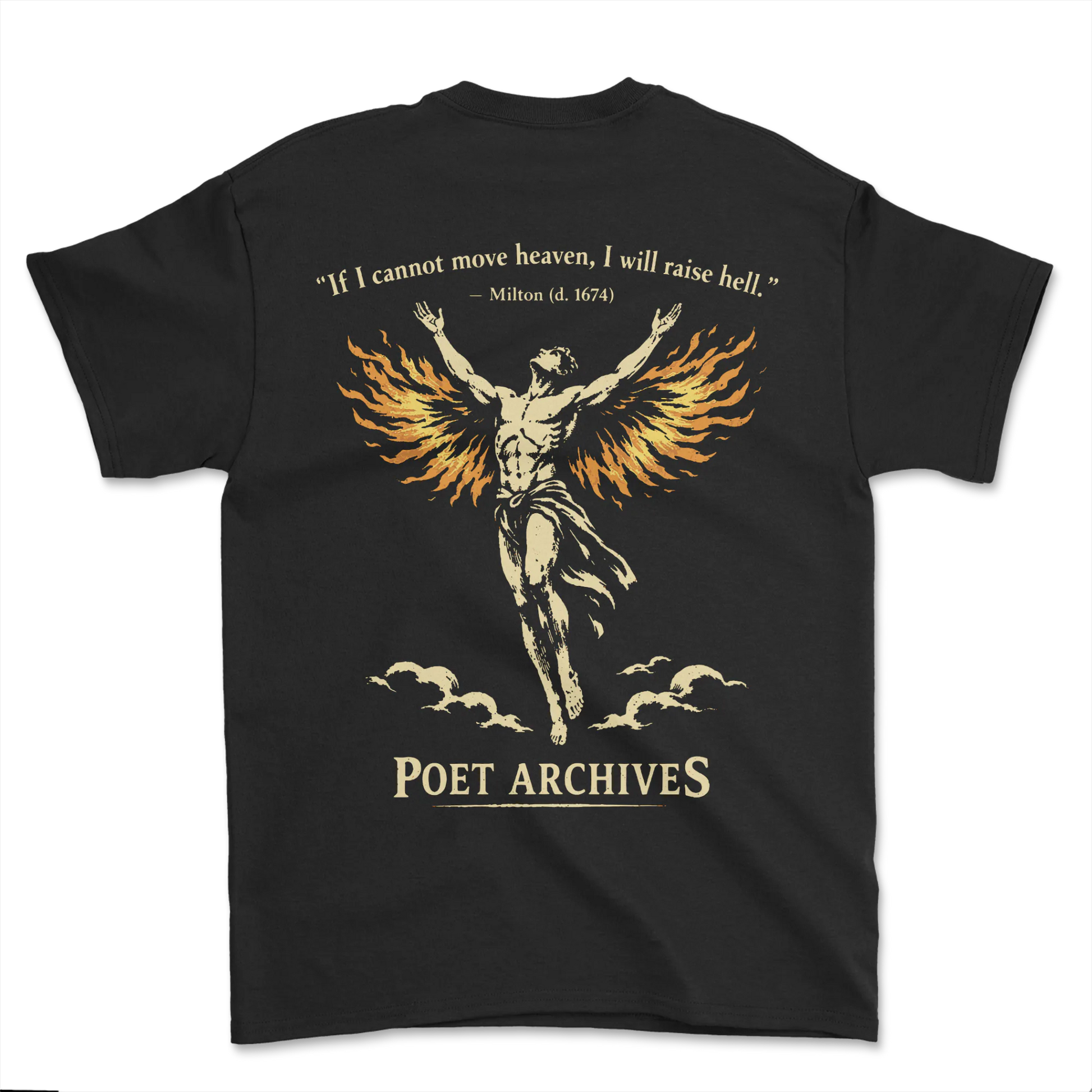 Black t-shirt with angel graphic and text on a white background