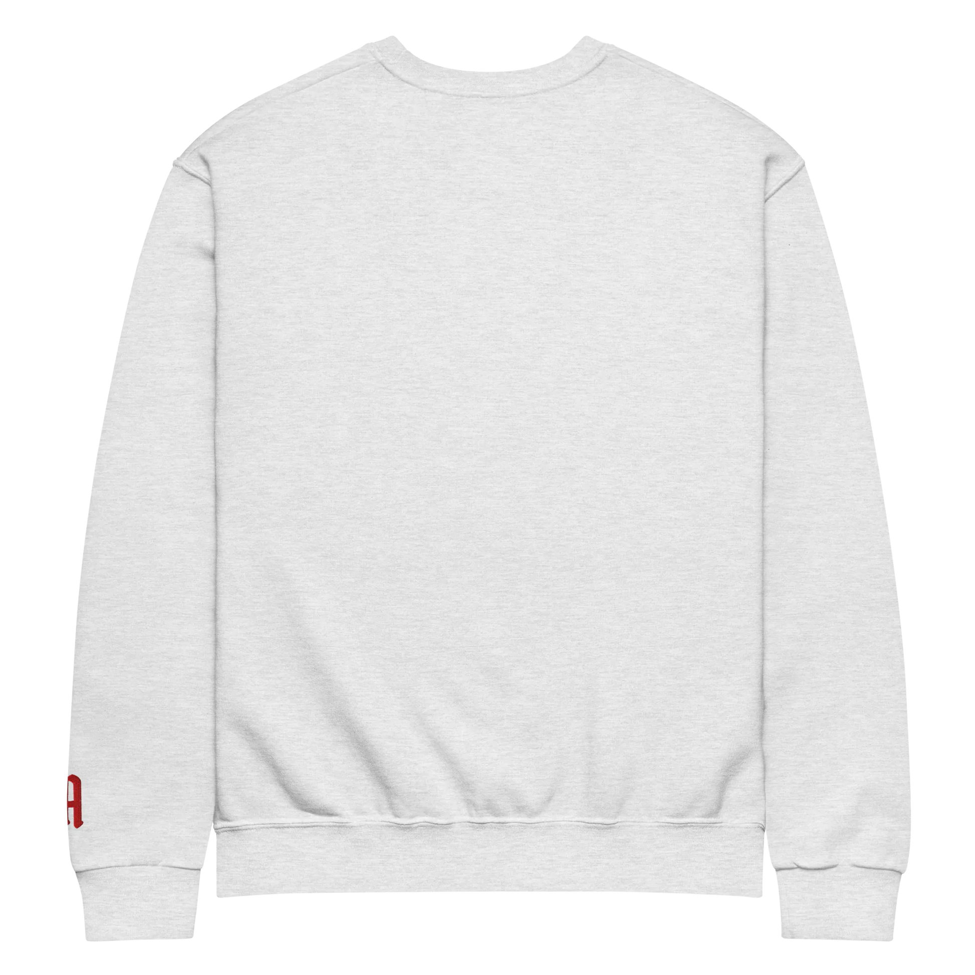 White sweatshirt with a red logo on the sleeve against a white background