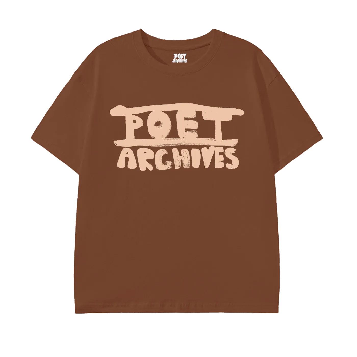 Brown t-shirt with 'POET ARCHIVES' text on a white background