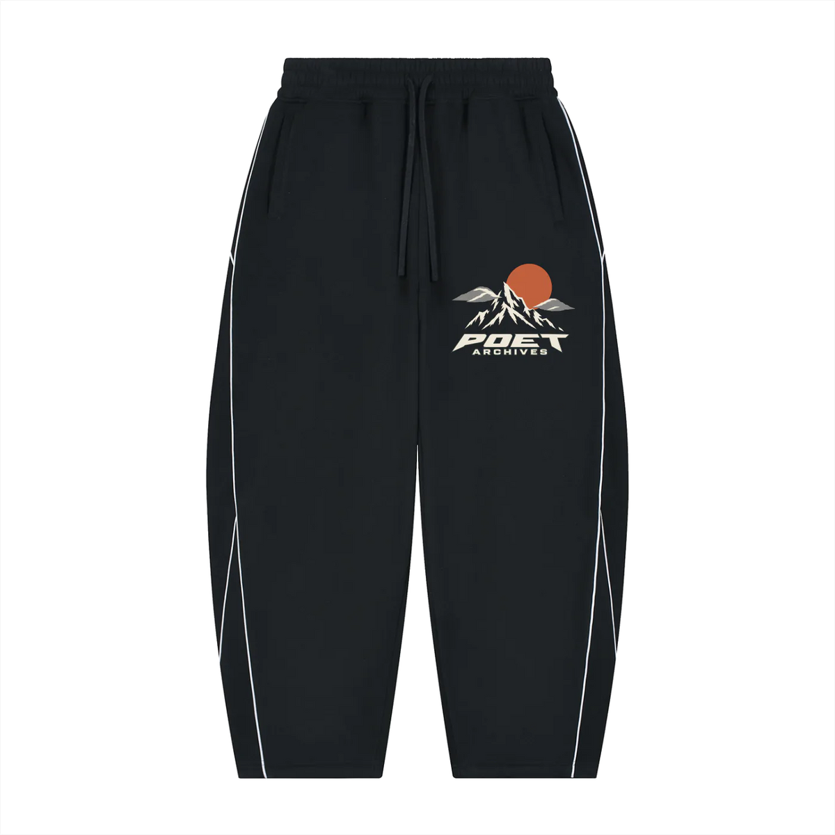 Black jogger sweatpants with white side stripes and a mountain logo with an orange sun on the left thigh, featuring the brand name 'POET ARCHIVES'.