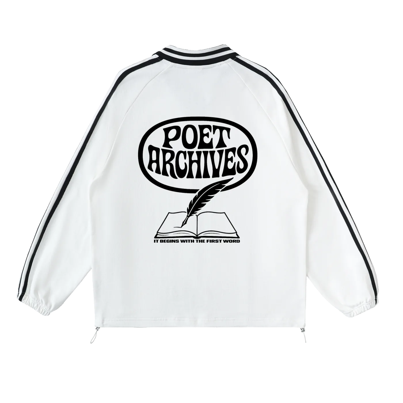 Poet Archives contrast striped lapel collar sweatshirt in white. Crisp streetwear layering piece for skater, goth, and punk style.
