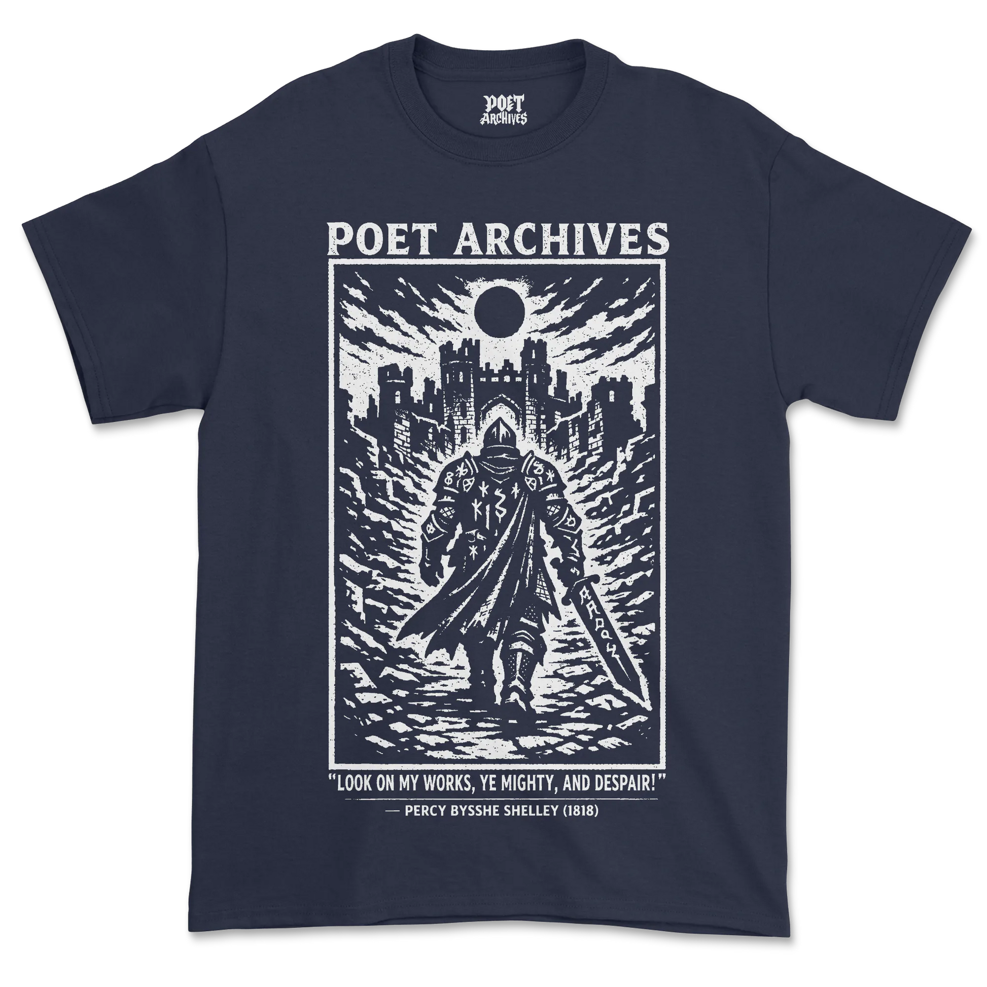 Navy blue t-shirt with 'Poet Archives' graphic and text on a white background