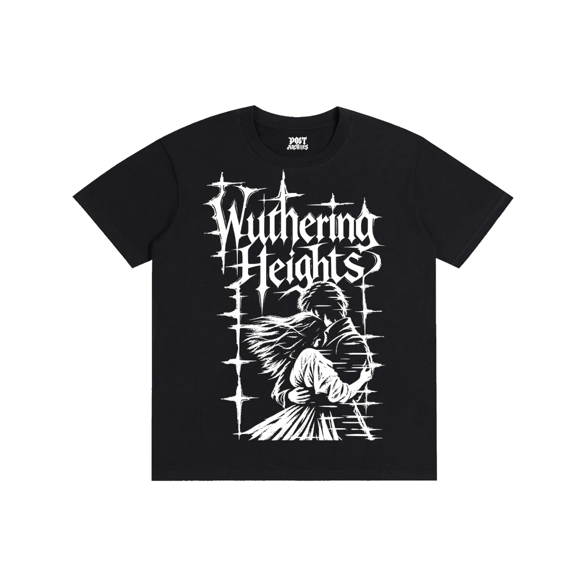 A black short-sleeve t-shirt with a white graphic print on the front featuring the text 'Wuthering Heights' in a gothic font above an illustration of a winged figure, with a small neck label reading 'Poet Archives'.