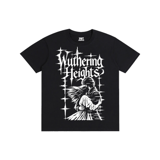 A black short-sleeve t-shirt with a white graphic print on the front featuring the text 'Wuthering Heights' in a gothic font above an illustration of a winged figure, with a small neck label reading 'Poet Archives'.
