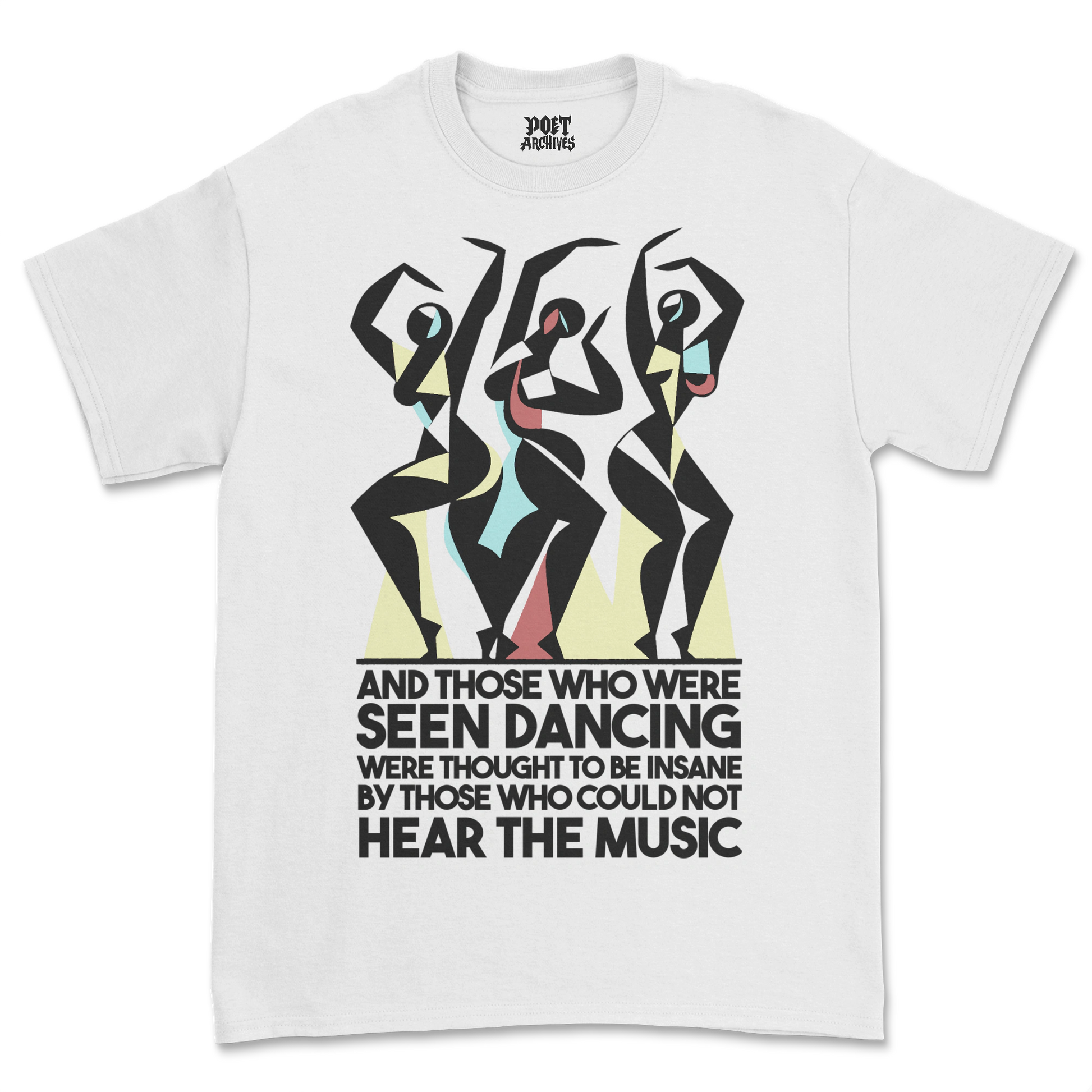White t-shirt with abstract dancer design and text on a white background