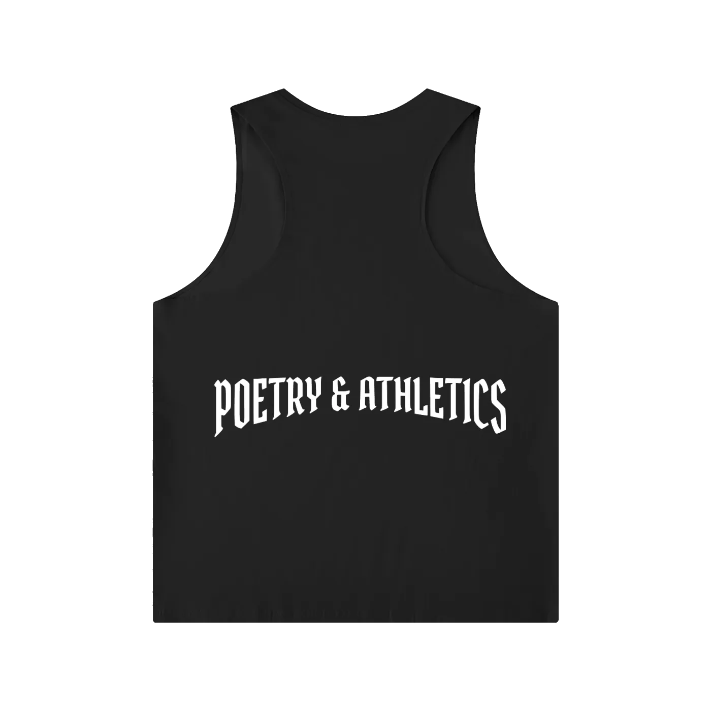 Black tank top with 'POETRY & ATHLETICS' text on a white background